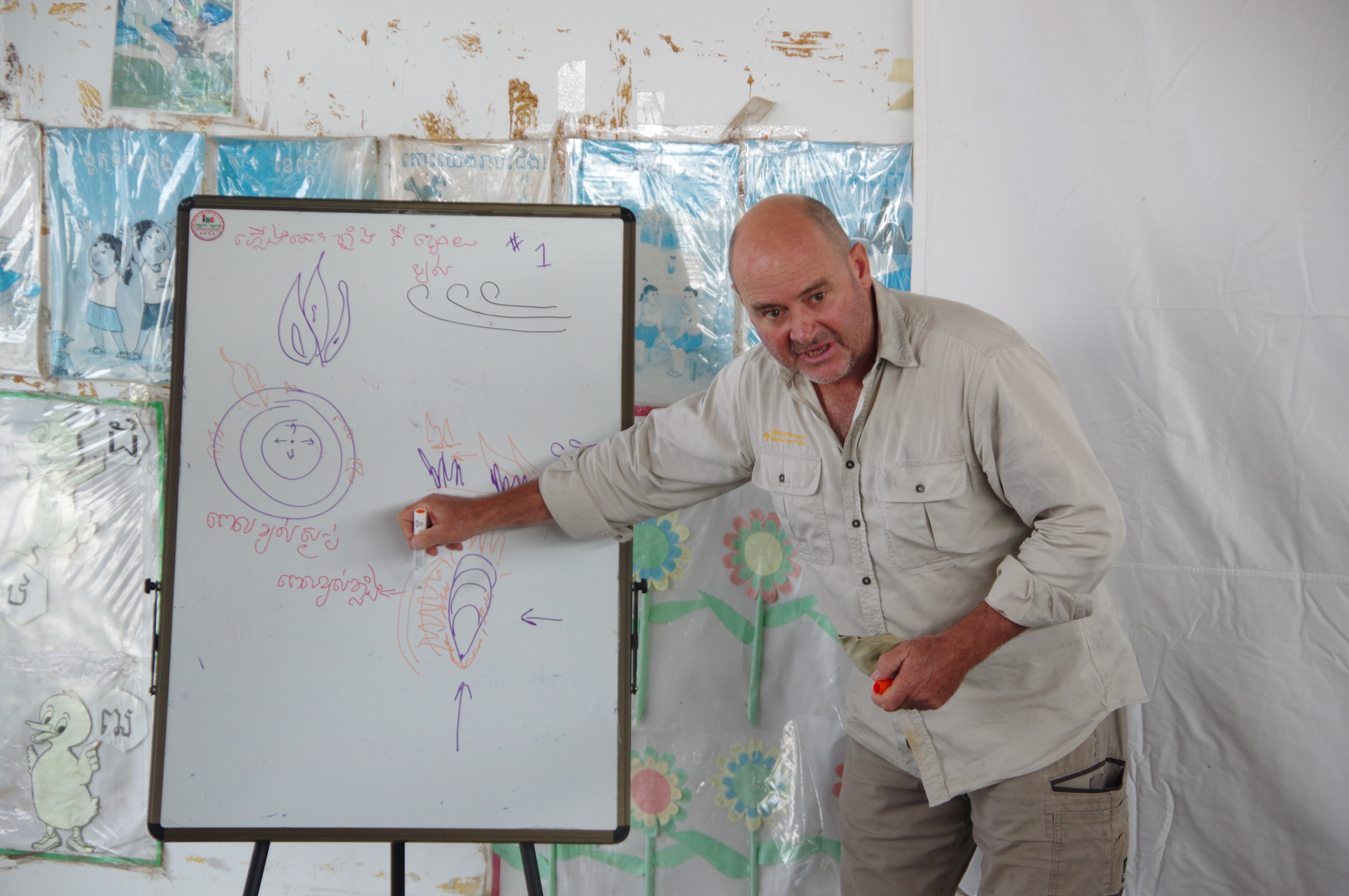 Joe Tilley showing wildfire behaviour on a whiteboard 