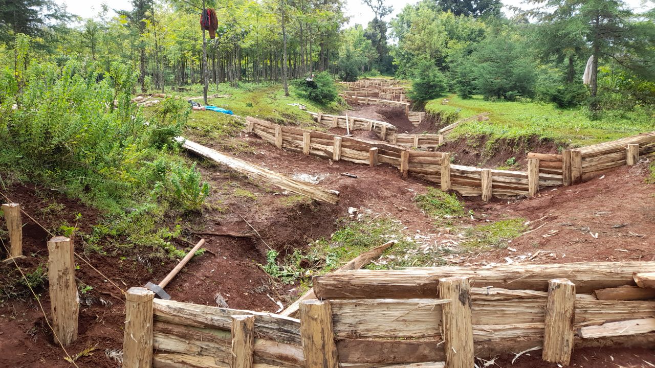Implemented ecohydrological structure in erosion gully. Bamboo mats will be laminated behind the wooden structure.