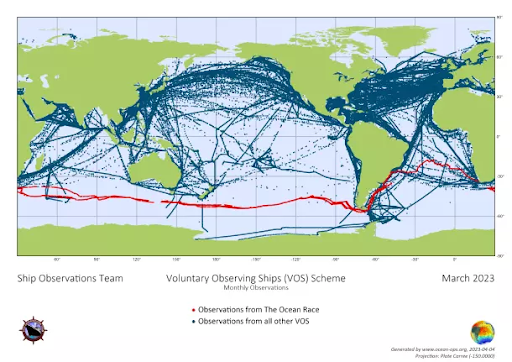 Map showing observations from the Voluntary Observing Ships (VOS) Scheme, highlighting both the unique route taken by boats competing in The Ocean Race and the usefulness of their contribution to the Global Ocean Observing System (GOOS) programme.