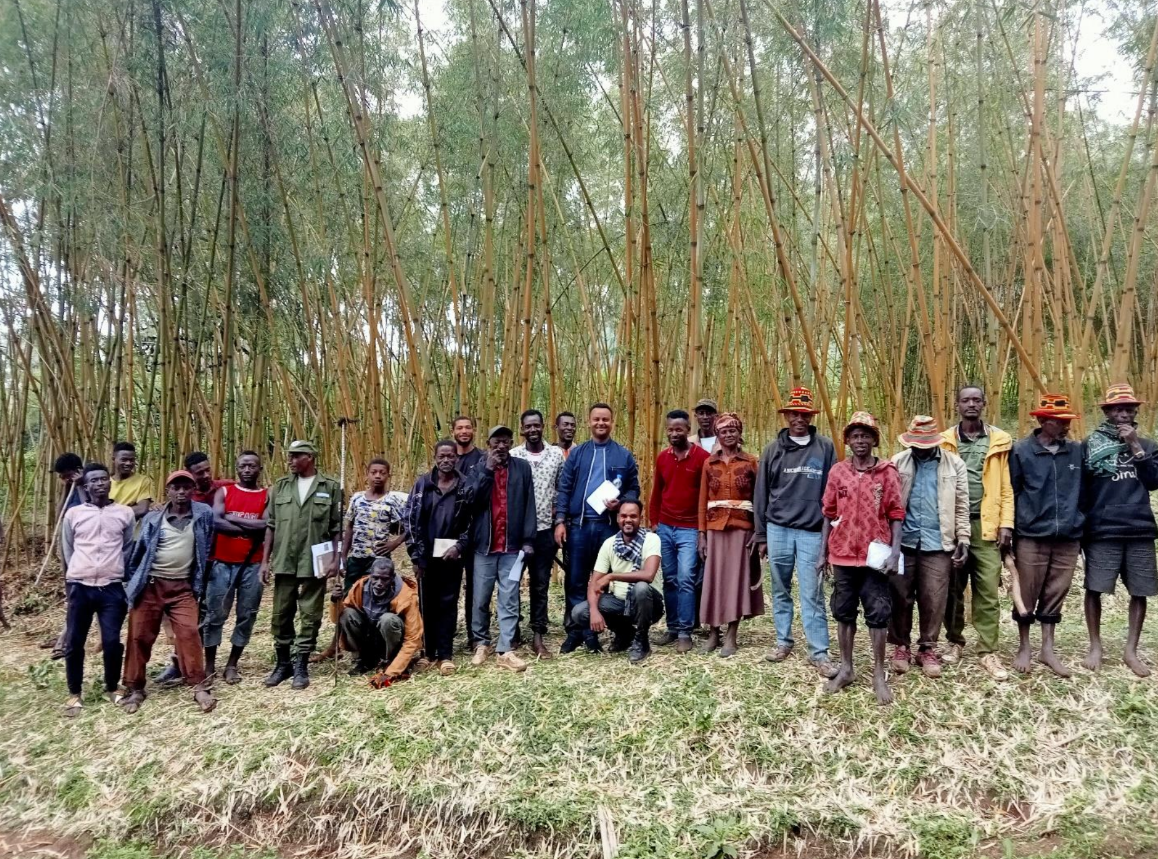 Trainees in front of bamboo stand.