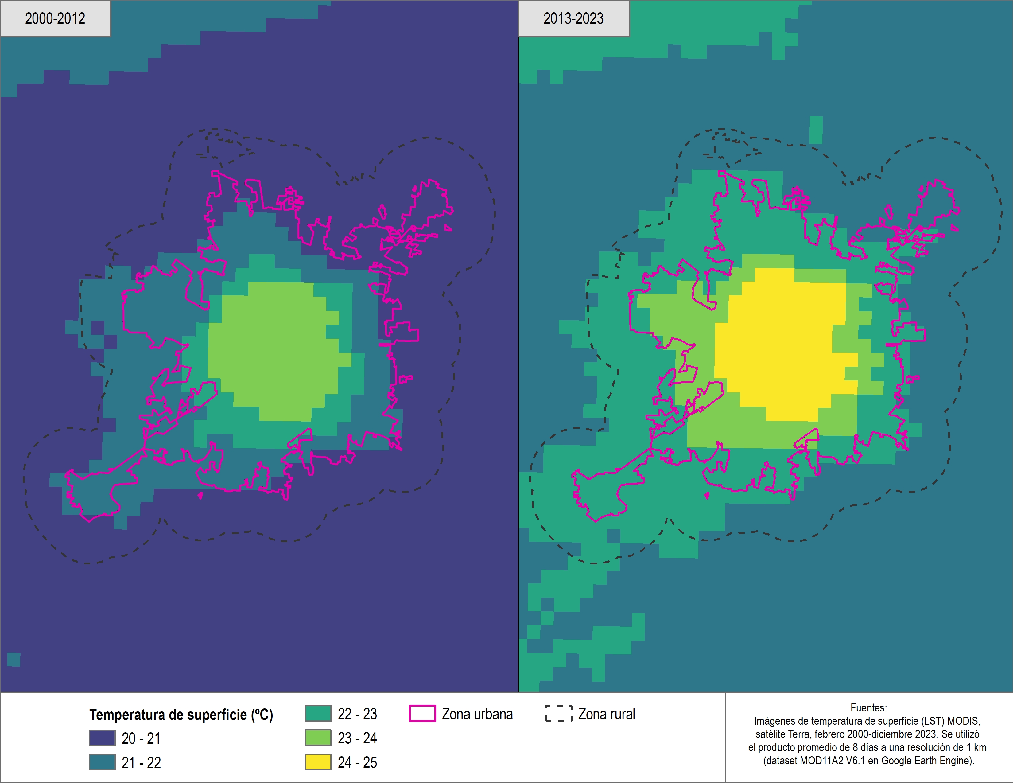Efecto de la Isla Urbana de Calor (IUC) en Mérida, periodo 2000-2012 y 2013-2023