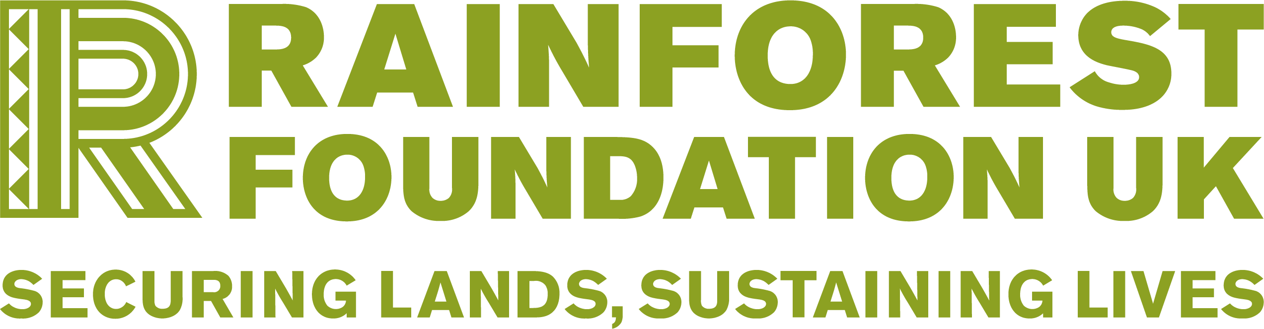 A large green 'R' next to green writing saying 'Rainforest Foundation UK' on top of the strapline 'Securing Lands, Sustaining Lives'
