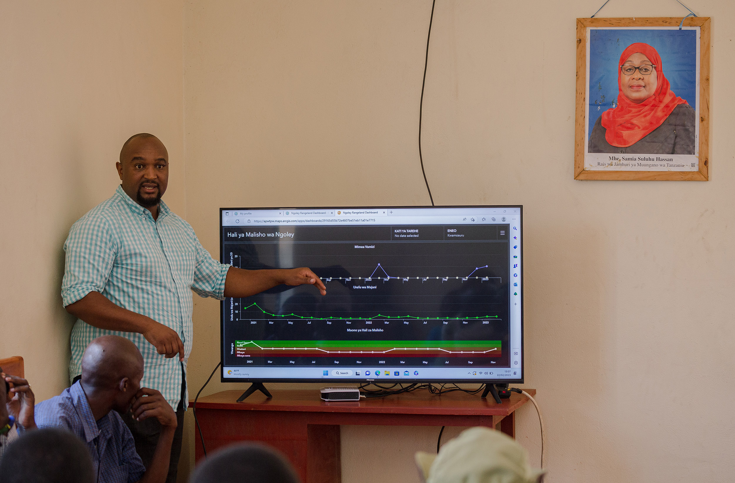 Man stands in front of a TV showing charts