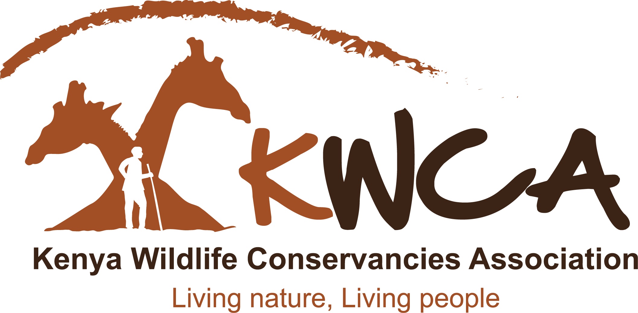 A logo depicting two giraffes and a community person and an Acronym of KWCA with full name below it and tagline living nature, living people