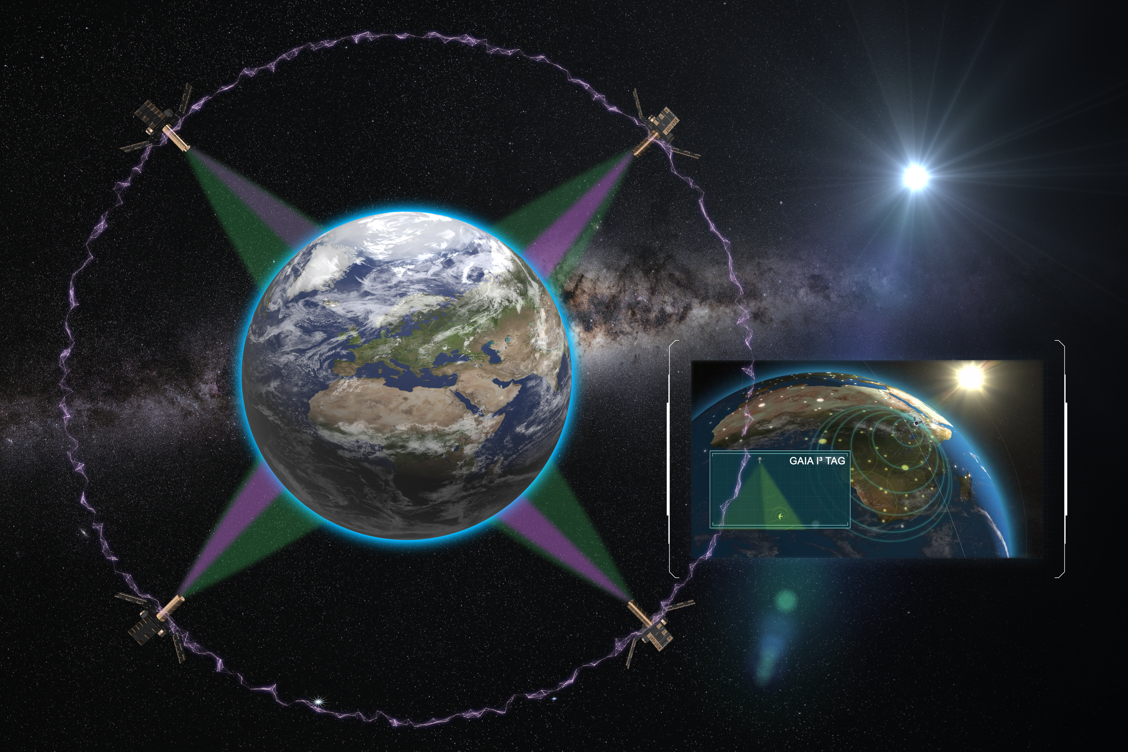 A CG rendering of the envisioned GAIA nanosatellite constellation for the early-warning system