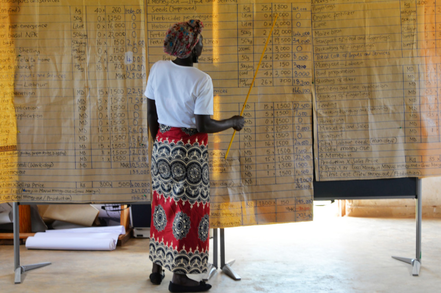 Women participating in an exercise during a workshop in Malawi. She is standing in front of big calculation sheets and explains certain aspects with the help of a long stick.