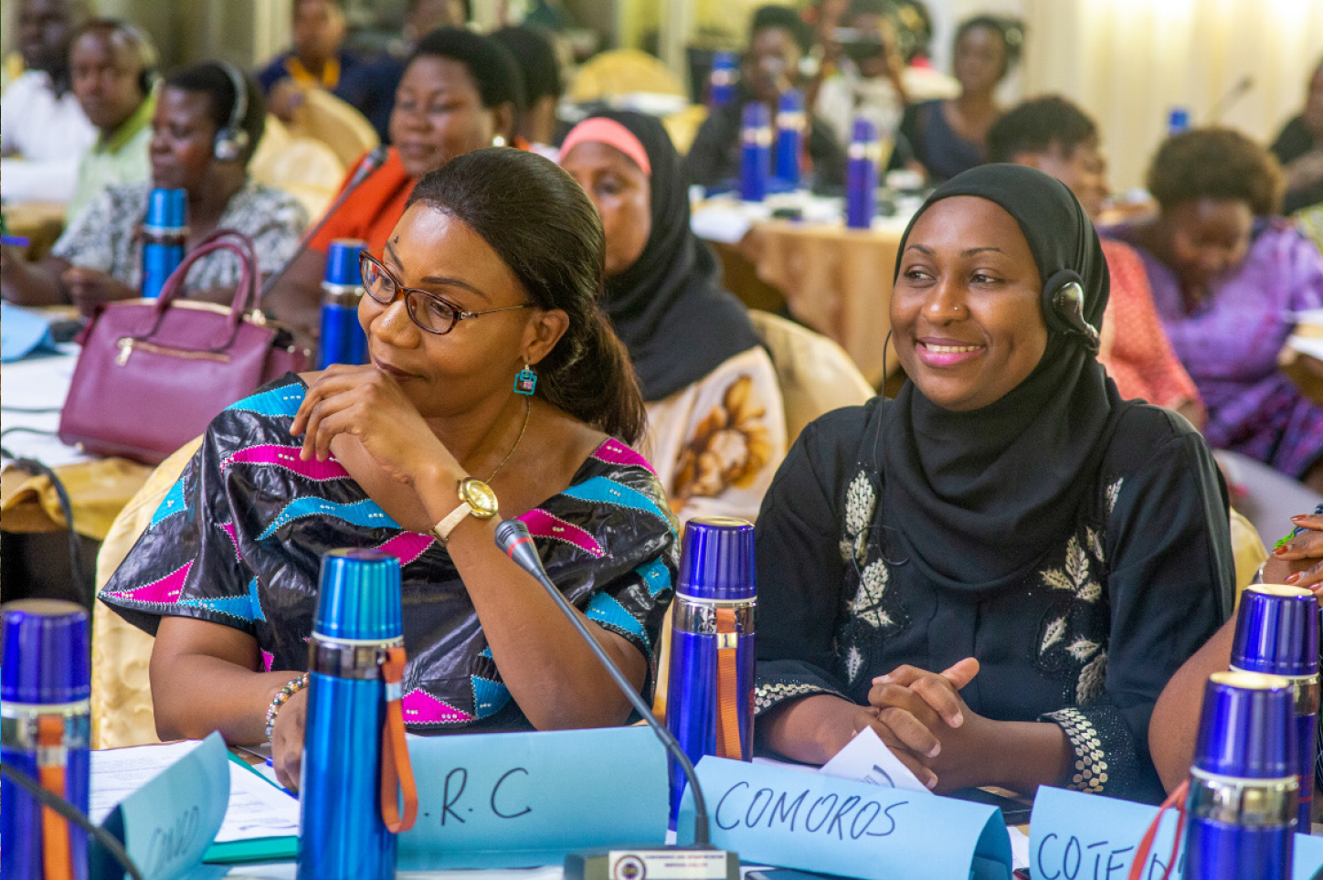 Women sitting as representatives in a conference room.