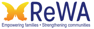 Orange butterfly logo next to ReWA written in blue text. 