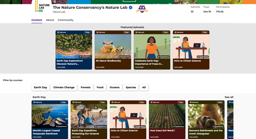 A screenshot of The Nature Conservancy's partnership page on the Kahoot! website.