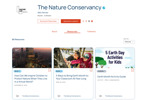 A screenshot of The Nature Conservancy's partnership page on the Share My Lesson website. 