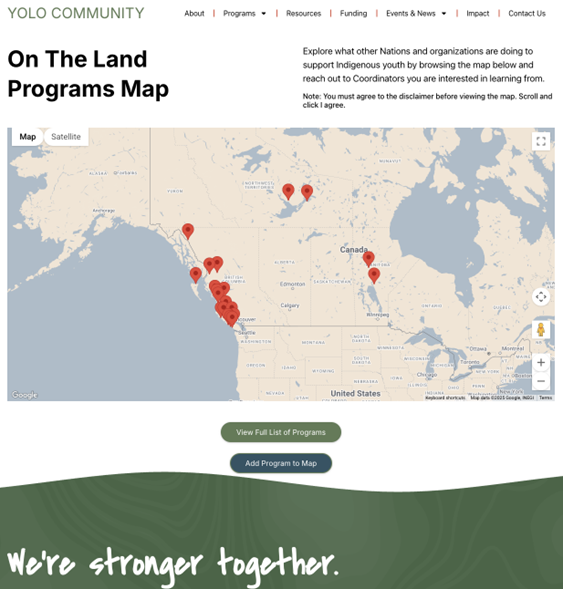 This screenshot of the YOLO web page shows red location markers on a map that represent where programs take place