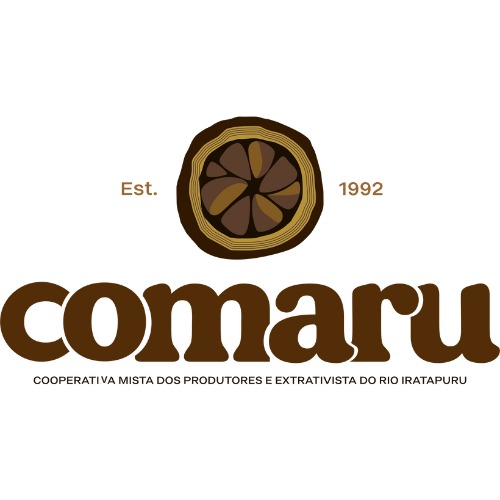 Logo of COMARU — Mixed Cooperative of Producers and Extractivists of the Iratapuru River. The image features a stylized cross-section of a tree or fruit with seeds in the center, accompanied by the text "Est. 1992" and the name "comaru" in large, rounded letters, followed by the full name of the cooperative in smaller text below. The predominant colors are earthy tones, such as brown and beige.