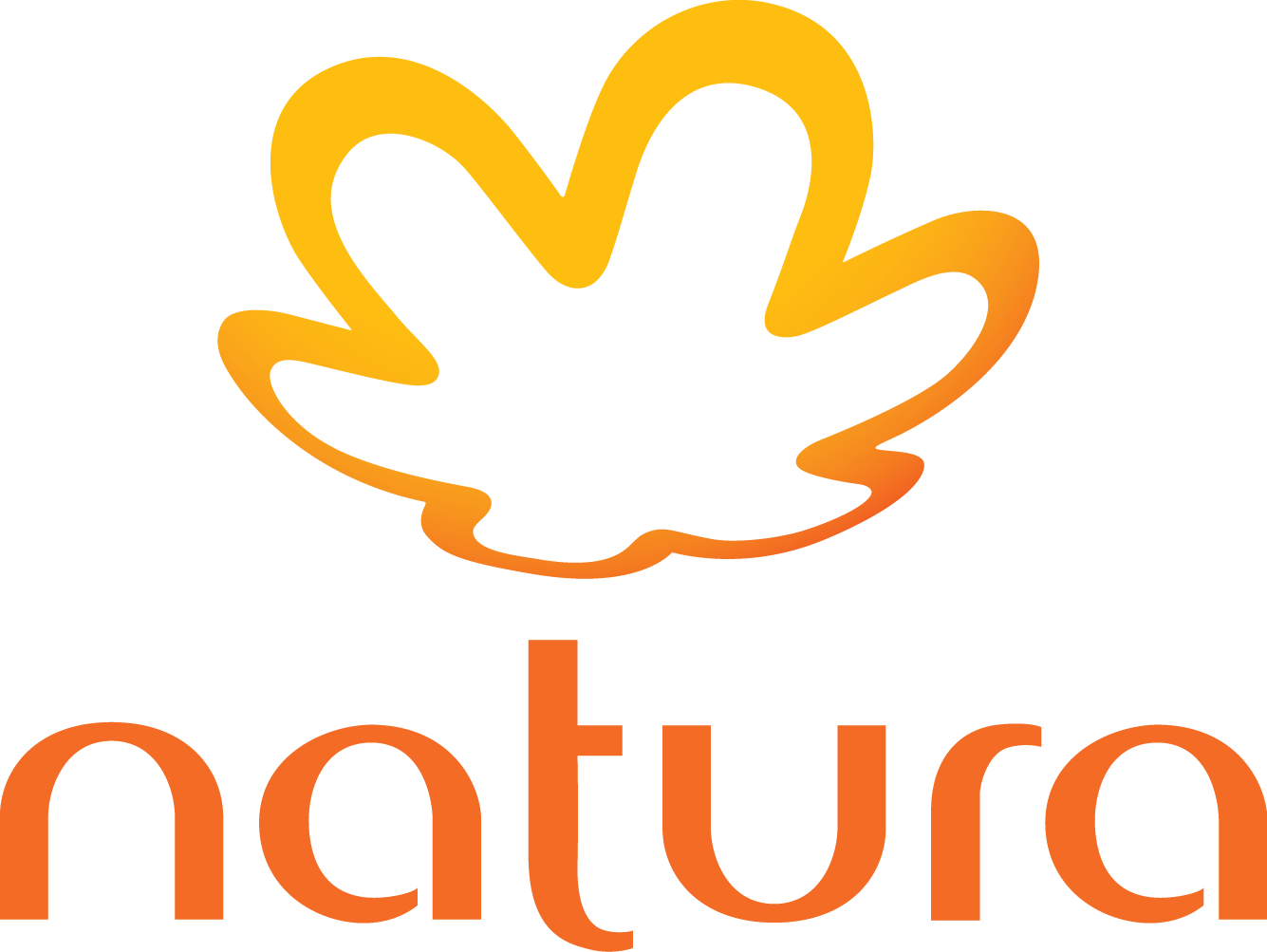 Logo of the company Natura. The image features an organic shape resembling a stylized flower or leaf in shades of yellow and orange at the top, followed by the word "natura" in lowercase letters with rounded typography in orange. The design conveys simplicity, softness, and a connection to nature, reflecting the values of the brand focused on sustainable cosmetics.