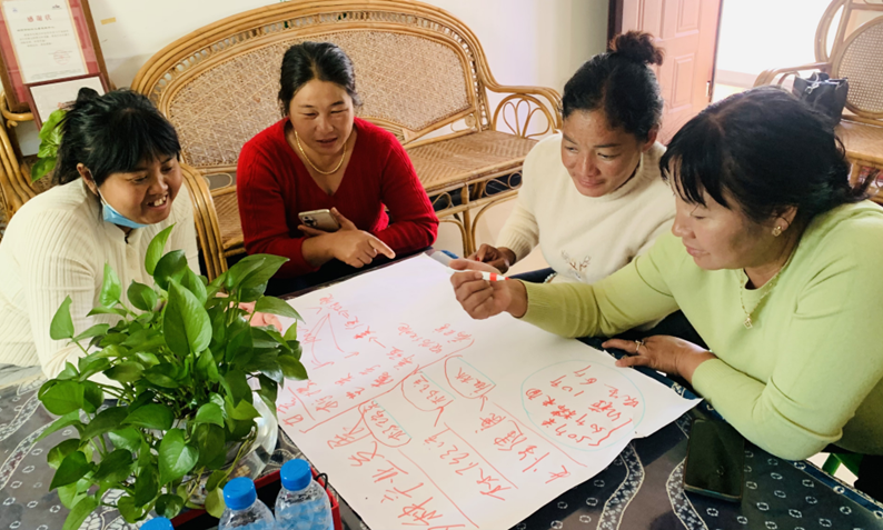 Returning from the training in Kunming, community women leaders discuss ways to pass on their new knowledge to fellow villagers