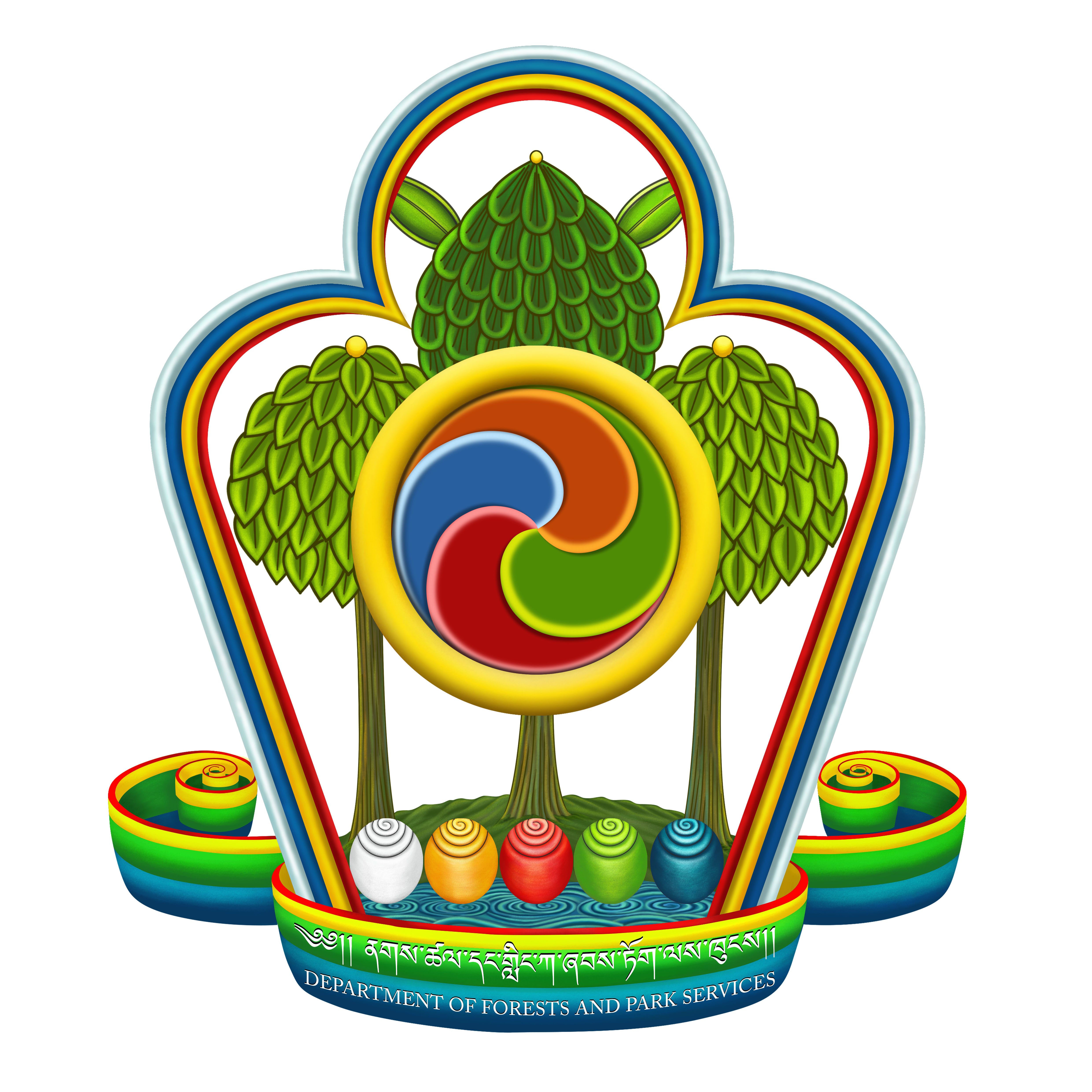 The DoFPS logo symbolizes Bhutan’s commitment to conserving forests and biodiversity. The tree, mountains, river, and wildlife elements represent harmony between people and nature, reflecting the nation’s vision of sustainable forest management and Gross National Happiness.