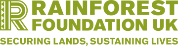 A large green 'R' next to green writing saying 'Rainforest Foundation UK' on top of the strapline 'Securing Lands, Sustaining Lives'