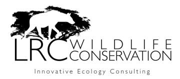 The image displays the logo of LRC Wildlife Conservation. The design features the text "LRC WILDLIFE CONSERVATION" in a bold, modern font, accompanied by the phrase "Innovative Ecology Consulting" beneath it. The logo also includes a silhouette of a brown hyaena, walking under an acacia tree, creating a natural and ecological aesthetic. The overall tone conveys a sense of professionalism and commitment to wildlife conservation through innovative solutions.