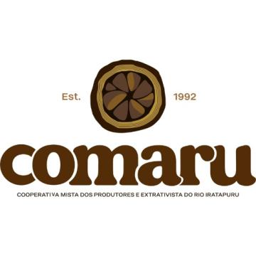 Logo of COMARU — Mixed Cooperative of Producers and Extractivists of the Iratapuru River. The image features a stylized cross-section of a tree or fruit with seeds in the center, accompanied by the text "Est. 1992" and the name "comaru" in large, rounded letters, followed by the full name of the cooperative in smaller text below. The predominant colors are earthy tones, such as brown and beige.