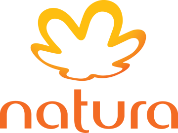 Logo of the company Natura. The image features an organic shape resembling a stylized flower or leaf in shades of yellow and orange at the top, followed by the word "natura" in lowercase letters with rounded typography in orange. The design conveys simplicity, softness, and a connection to nature, reflecting the values of the brand focused on sustainable cosmetics.
