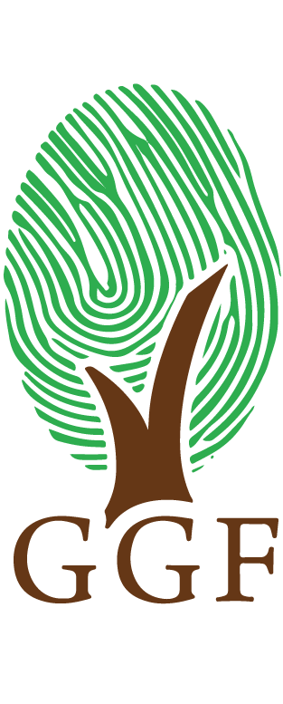 This is the logo for the Green Generation Foundation (GGF). It features a green tree whose canopy forms a fingerprint pattern, symbolizing a connection between nature and individual impact, with the acronym "GGF" printed below. 
