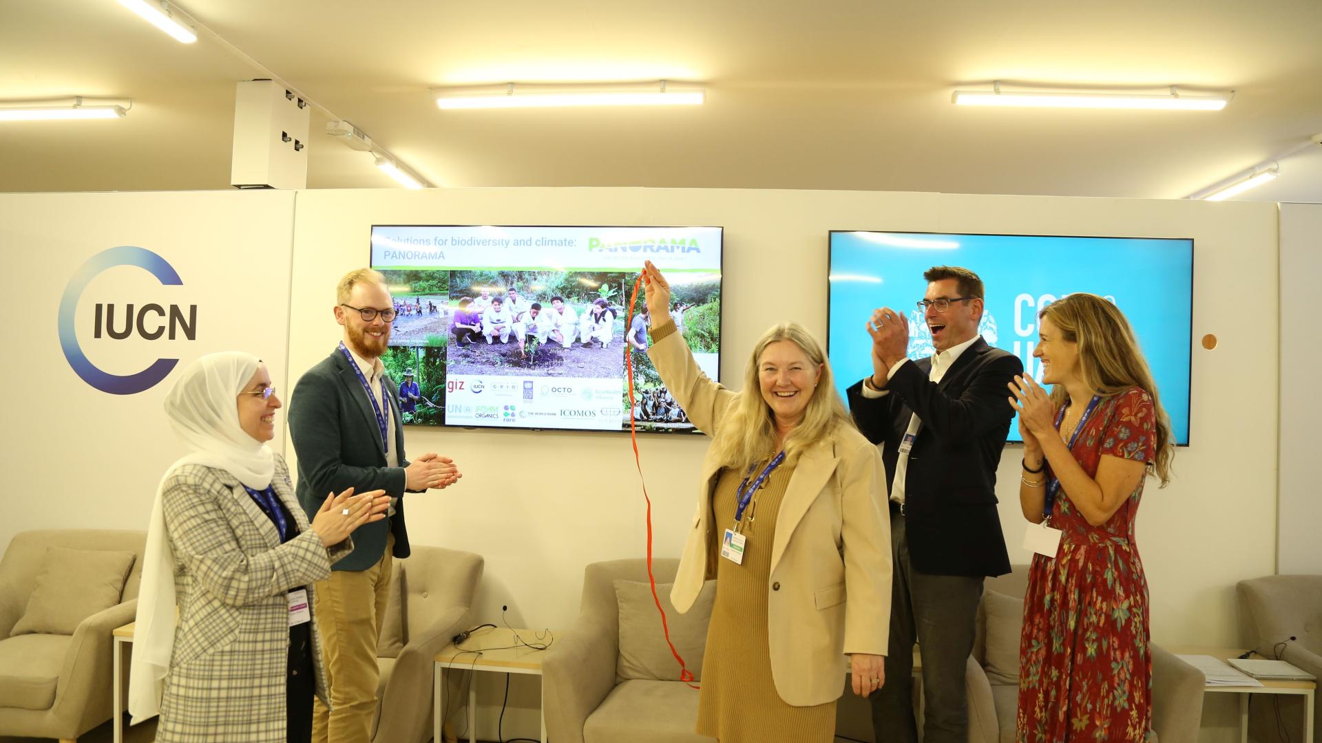 Cutting the ribbon for the new PANORAMA beta platform during UNFCCC COP28 (from left to right: Dr. S. Marwan Shahin, Assistant Professor, Umm Al Quwain University; F. Stapke, Senior Manager – Global Development, Rare; S. Pedersen, Director, Centre for Science and Data, IUCN; J. Renger, Head of Department – Climate, Rural Development, Infrastructure, GIZ; C. Monaco, Director of Ecological Restoration and Biodiversity, Eco House Global)