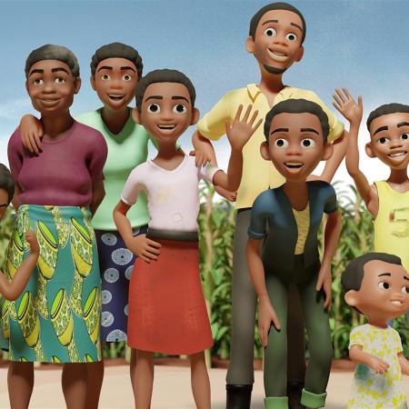 Picture showing the comic depiction a family of nine, from toddler to grandma, posing in front of a field.