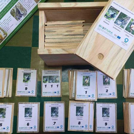 Plaquettes with photo of the three target species of lemur with numbering to help teachers on counting, for grade 2 and 3 of primary schools.