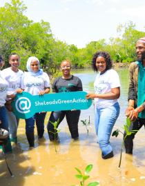 2nd cohort of She Leaders of the She Leads Green Action program during mangrove restoration activity at Kunduchi.