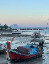 Fishing boats resting at low tide