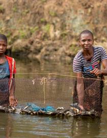 Family showing their successful fish harvest through using the fish trap in a pond.