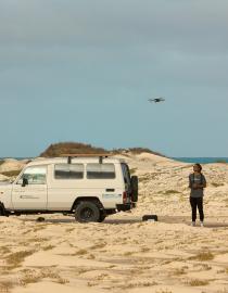 Drone pilot, Igor da Graça, during the first test flights in the MPA of Costa da Fragata with the newly purchased Land Cruiser. Credits: Assoc. Projeto Biodiversidade C:\Users\artur\Documents\Biopama\drone